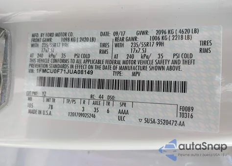 2018 Ford Escape S z USA, uszkodzony, nr VIN 1FMCU0F71JUA08149